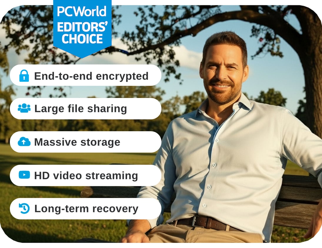 PC World Editors' Choice. End to end encrypted. Large File Sharing. Massive Storage. HD Video Streaming, Long Term Recovery.